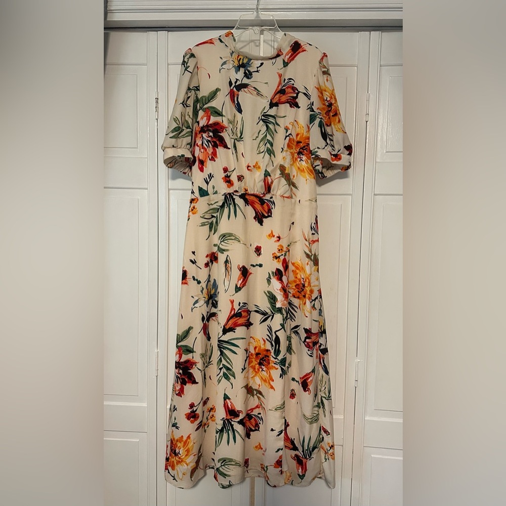 Julia Jordan Floral Print A Line Midi Dress Mock Neck Cocktail Women’s 12